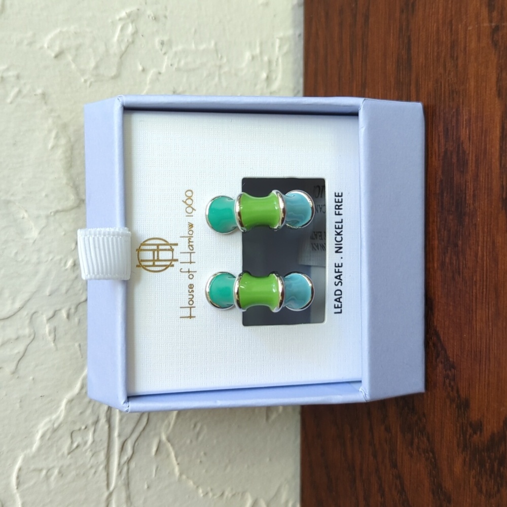 House of Harlow 1960 Green Blue Enamel Bamboo Hoop Earrings